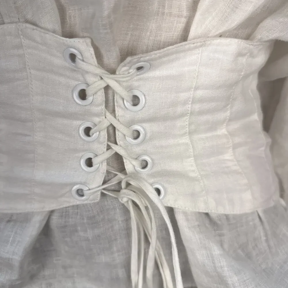 Anthropologie Akemi Kin Corset Blouse Top Size 6 White Linen 3/4 Balloon Sleeve